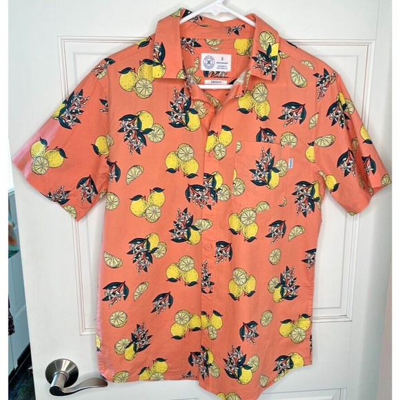 Hurley Shirt Men's S Hawaiian Cotton Button Up Stretch Fit Short Sleeve Lemon - Picture 1 of 8